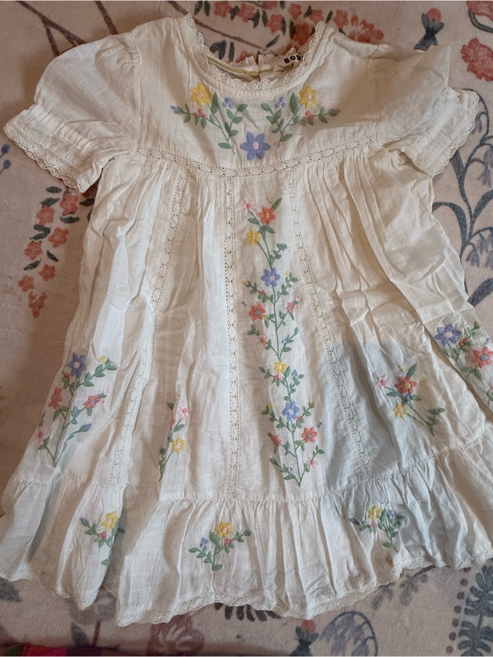 Mini Boden White Cotton Dress with Multicolored Floral Embroidery